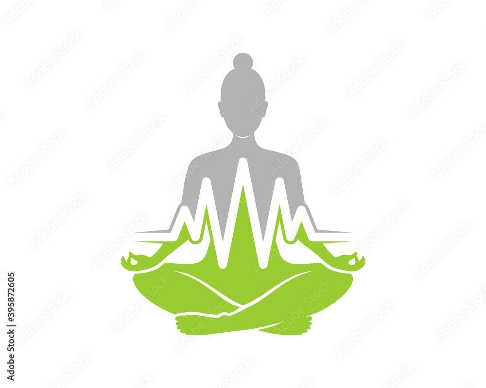 Poster woman meditation with heartbeat logo