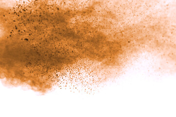 Brown powder explosion isolated on white background.