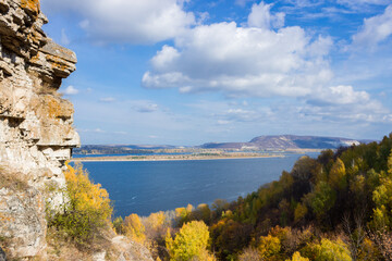 View of the river Volga and the Sok Mountains from Mount Verblyud (one of the Zhiguli Mountains), Samara, Russia.