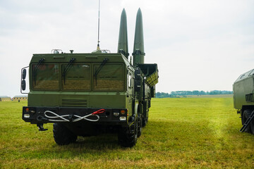 Kaliningrad, Russia - Antiaircraft missile complex, military ballistic launcher with two big...