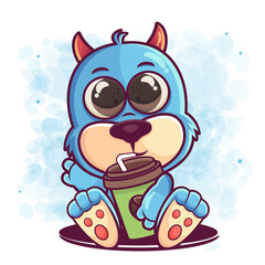 cute blue monster cartoon drinking coffee illustration