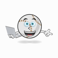 Baseball mascot character with laptop in right hand. vector illustration