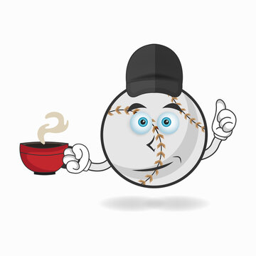 Baseball mascot character holding a hot cup of coffee. vector illustration