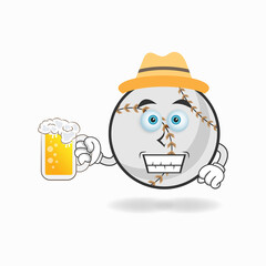 The Baseball mascot character is holding a glass filled with a drink. vector illustration
