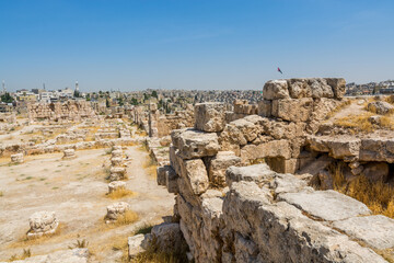 Ruins of the walls in the Amman Citadel, a historical site at the center of downtown Amman, Jordan. Known in Arabic as Jabal al-Qal'a, one of the seven jabals(mountains) that originally made up Amman