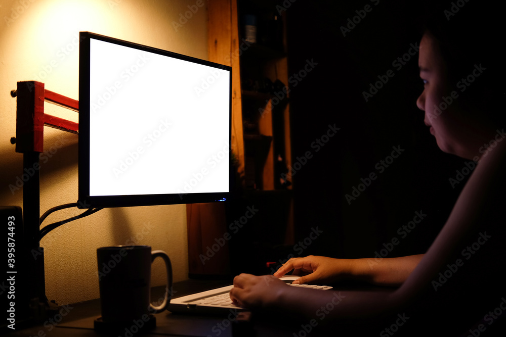 Poster modern workspace with computer with blank screen and equipment on white table.blank screen for your 