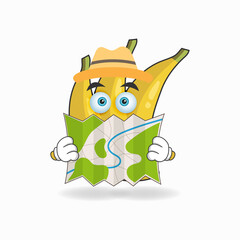 The Banana mascot character holds a map. vector illustration