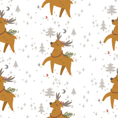 Christmas seamless pattern with cute deer character’s, decorative pines trees, cute moon and stars. Good for kids clothes.