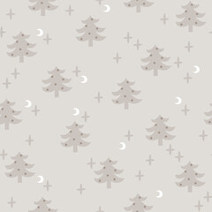 Christmas seamless pattern with decorative pines trees and sprinkles of magic. Good for kids clothes.