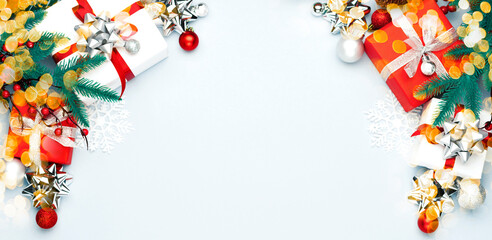 Christmas decorations on the blue background. Flat lay, top view with copy space for your text.