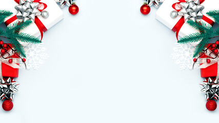 Christmas decorations on the blue background. Flat lay, top view with copy space for your text.