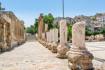 Roman columns of the ruins in front of  Ancient roman amphitheatre in Amman,Jordan, near the Amman...