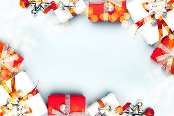 Christmas decorations on the blue background. Flat lay, top view with copy space for your text.