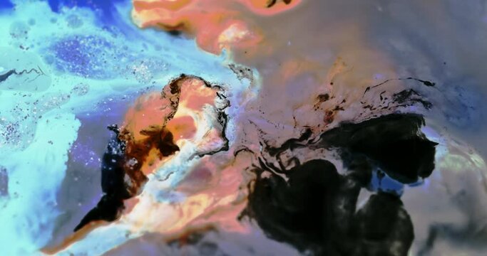 Macro Paint with Vibrant Color Palette. Oil Mixed with Blue and Orange Dye, Ink, and Paint.