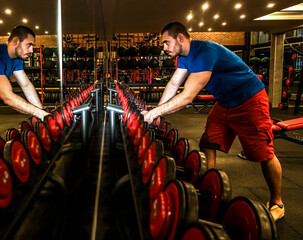young man doing exercise with dumbbells in front of a mirror in the gym. bodybuilder taking...