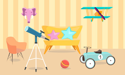 Children's room. Children's room interior. Cartoon vector illustration. Children's room for a boy