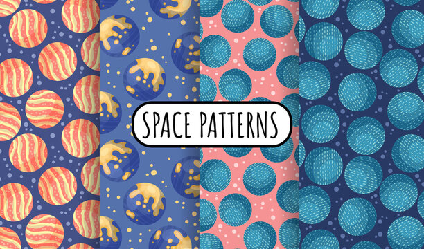 Set of cosmos seamless space pattern background with planets. Collection of solar system planets children wallpaper texture tiles. Vector stock image