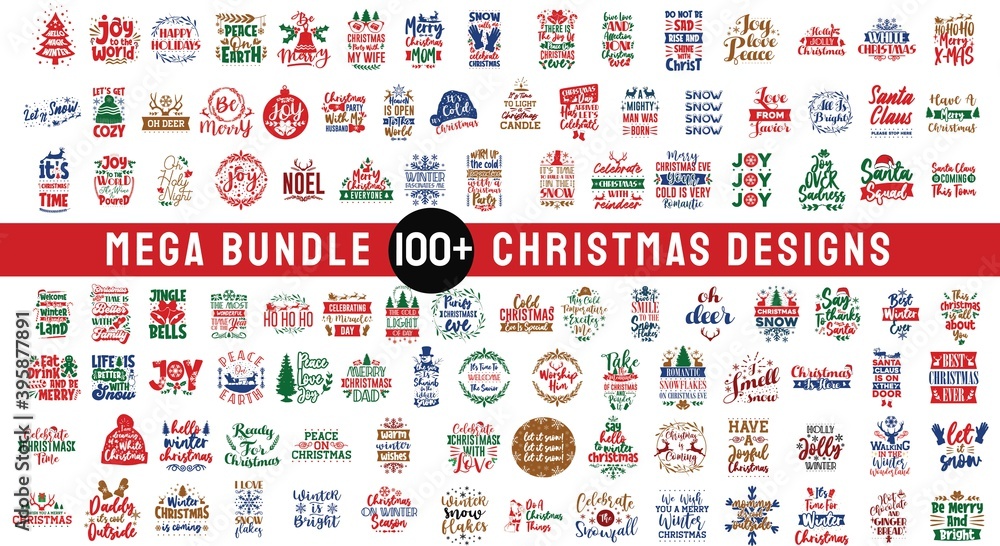 Wall mural mega bundle christmas design typography quotes. set of christmas craft vector designs, merry christm