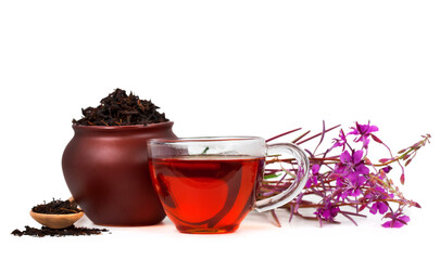 Cup of herbal tea, clay pot with dry tea and blooming Chamerion angustifolium (common names: fireweed, great willowherb, rosebay willowherb) plant isolated on a white background.