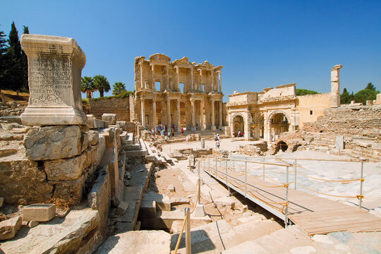 The Ancient Greek City Of Ephesus. Marble Columns, Antique Buildings.