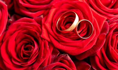 Two gold rings in the colors of red roses.