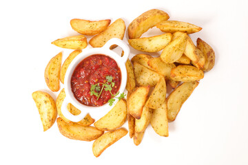 french fries and ketchup isolated on white background