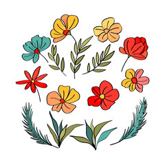 Set of plants with flowers, spruce branches, leaves and berries. Christmas decorations. Holly, spruce, red berries. Hand drawn design elements. Floral design elements for Christmas and New Years.
