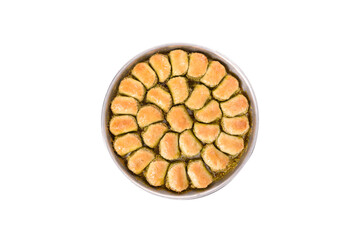 world famous baklava making in Gaziantep, baklava tray on white background. 