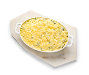 Baking dish with tasty rice casserole on white background