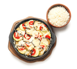 Baking dish with tasty rice casserole on white background
