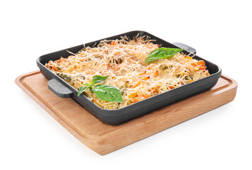Baking dish with tasty rice casserole on white background
