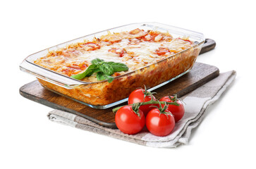 Baking dish with tasty rice casserole on white background