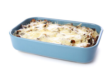 Baking dish with tasty rice casserole on white background