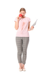 Stressed young woman with coffee stains on her shirt on white background