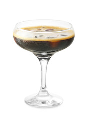 Glass of tasty espresso martini cocktail with ice on white background