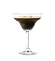 Glass of tasty espresso martini cocktail with ice on white background