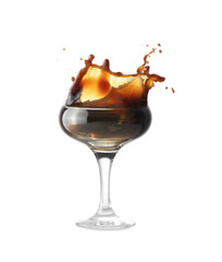 Glass of tasty espresso martini cocktail with splashes on white background