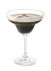 Glass of tasty espresso martini cocktail with ice on white background