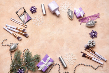 Fototapeta na wymiar New Year composition with makeup cosmetics on color background