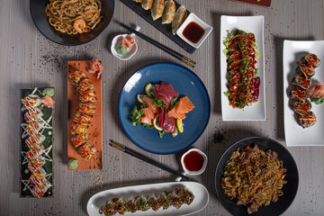 Delicious Japanese food stalled as a menu on a table in a Japanese restaurant