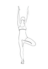 Hand drawn line art illustration of Vrikshasana pose or character woman standing in a tree pose.