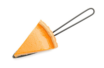 Slice of tasty pumpkin pie on white background