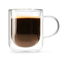 Cup of hot espresso on white background