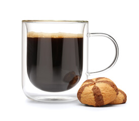 Cup of hot espresso and cookies on white background