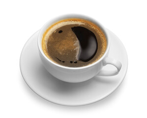 Cup of hot espresso on white background