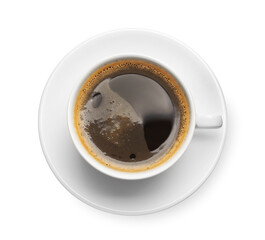 Cup of hot espresso on white background