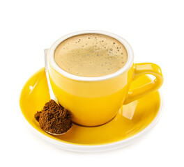 Cup of hot espresso on white background