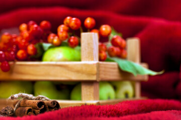 Basket of apple fruits and berries with cinnamon sticks on a red textile background. Selective focus.