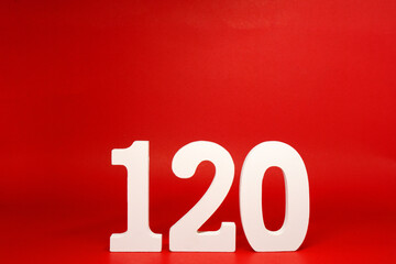 One hundred twenty numbering ( 120 ) Percentage Isolated Red  Background with Copy Space - Discount 120% Safe Price Business finance promotion Concept