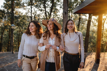Three young glamour attractive women walking in a park smiling and looking at their side with linked arms. Friends or sisters spending time together.